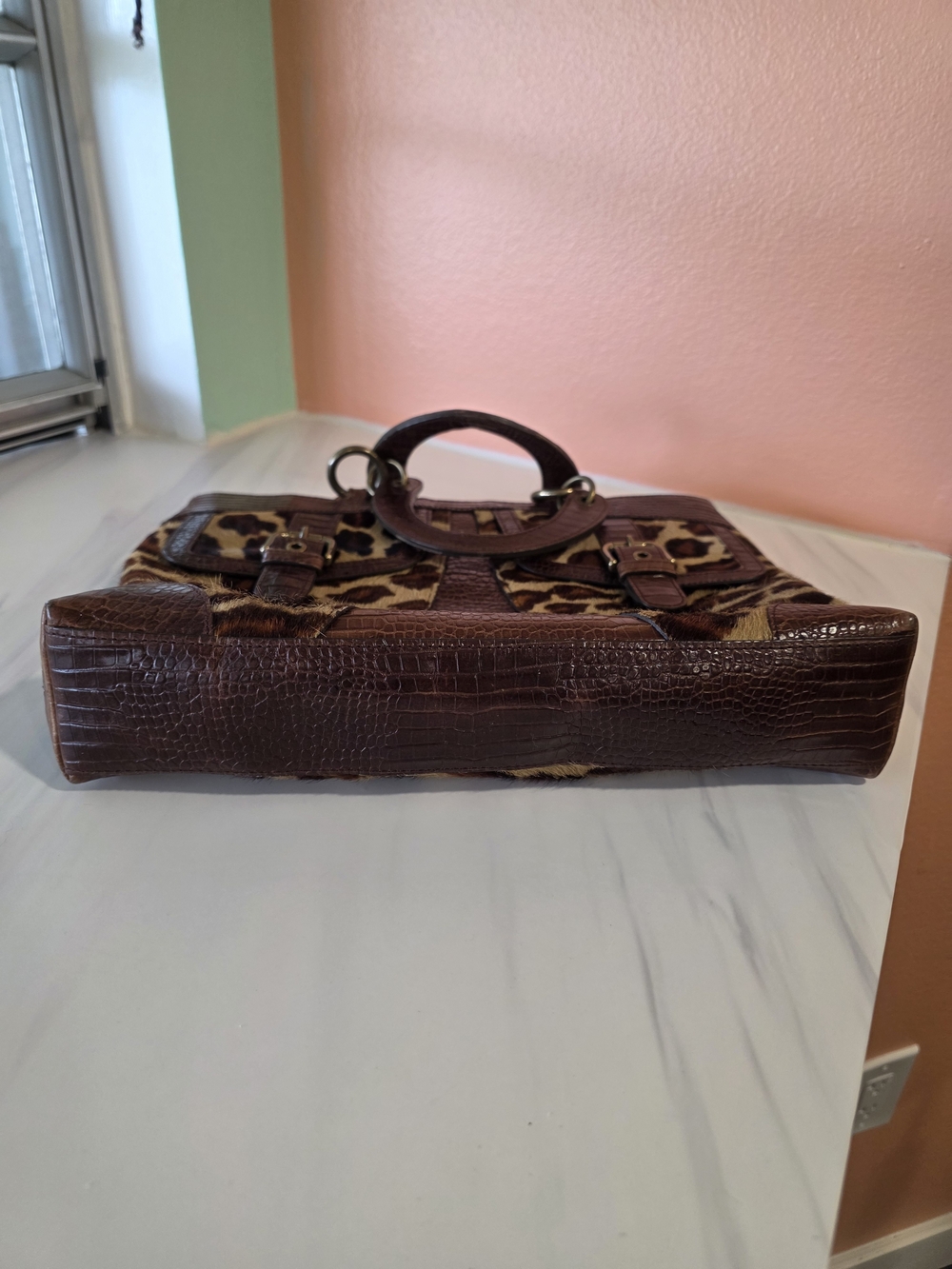 Isabella Fiore Brown Leopard Cowhide Fur Top-Handle Tote Luxury Animal Print Bag - Picture 13 of 16